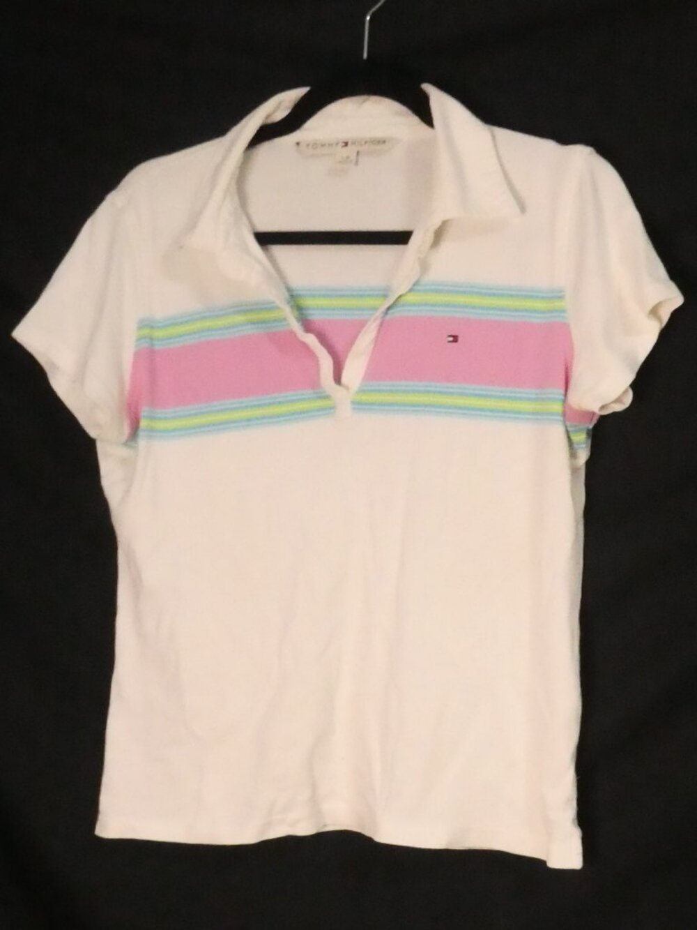 TOMMY HILFIGER Short Sleeve Polo Shirt White With Pastel Stripes - large